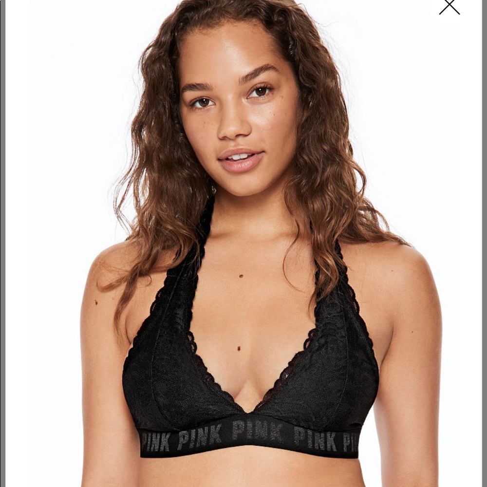New | PINK | Black Lace Halter Bralette Small